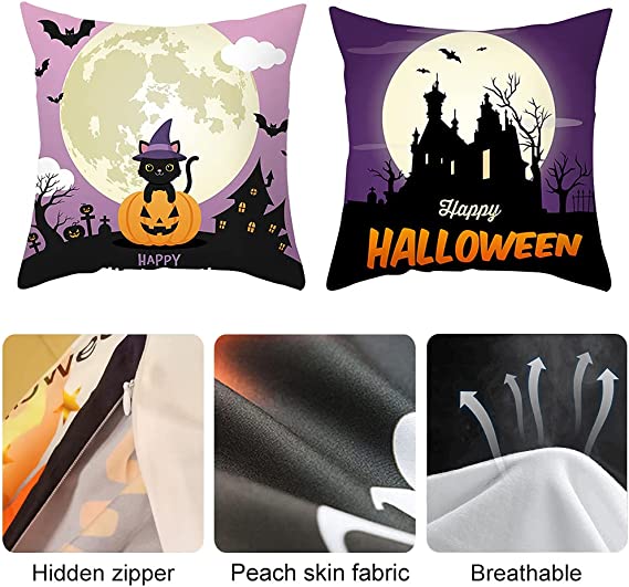 Halloween Pillow Covers 18x18 Inch Set of 4 Halloween Decorations Trick or Treat Cute Patterns of Witches Black Cat Smiling Jack-o'-Lantern Throw Pillowcases