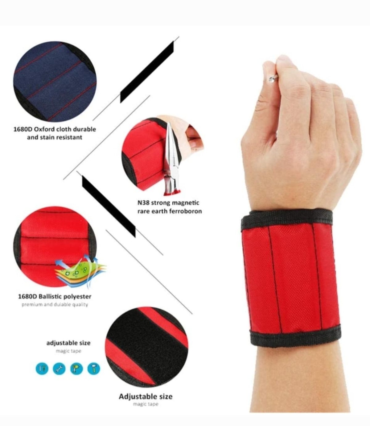 Powerful Magnetic Wristband Wrap, 1680D Oxford Cloth Adjustable & Breathable Wrist Tool Bag