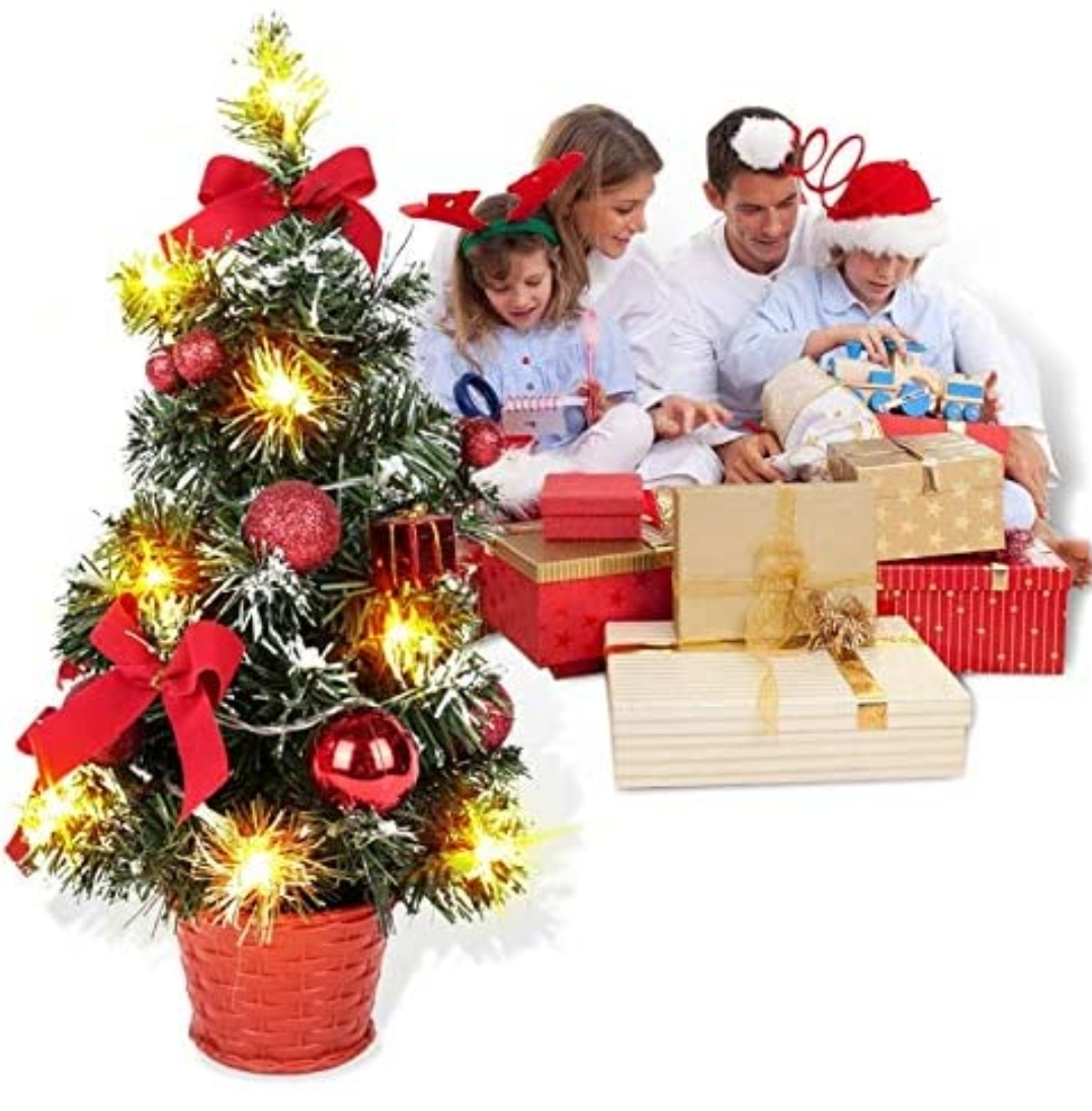 50cm Tabletop Christmas Tree in A Red Basket with Multi-Coloured Lights, a Red Glitter Star & A Complete Set of Decorations.