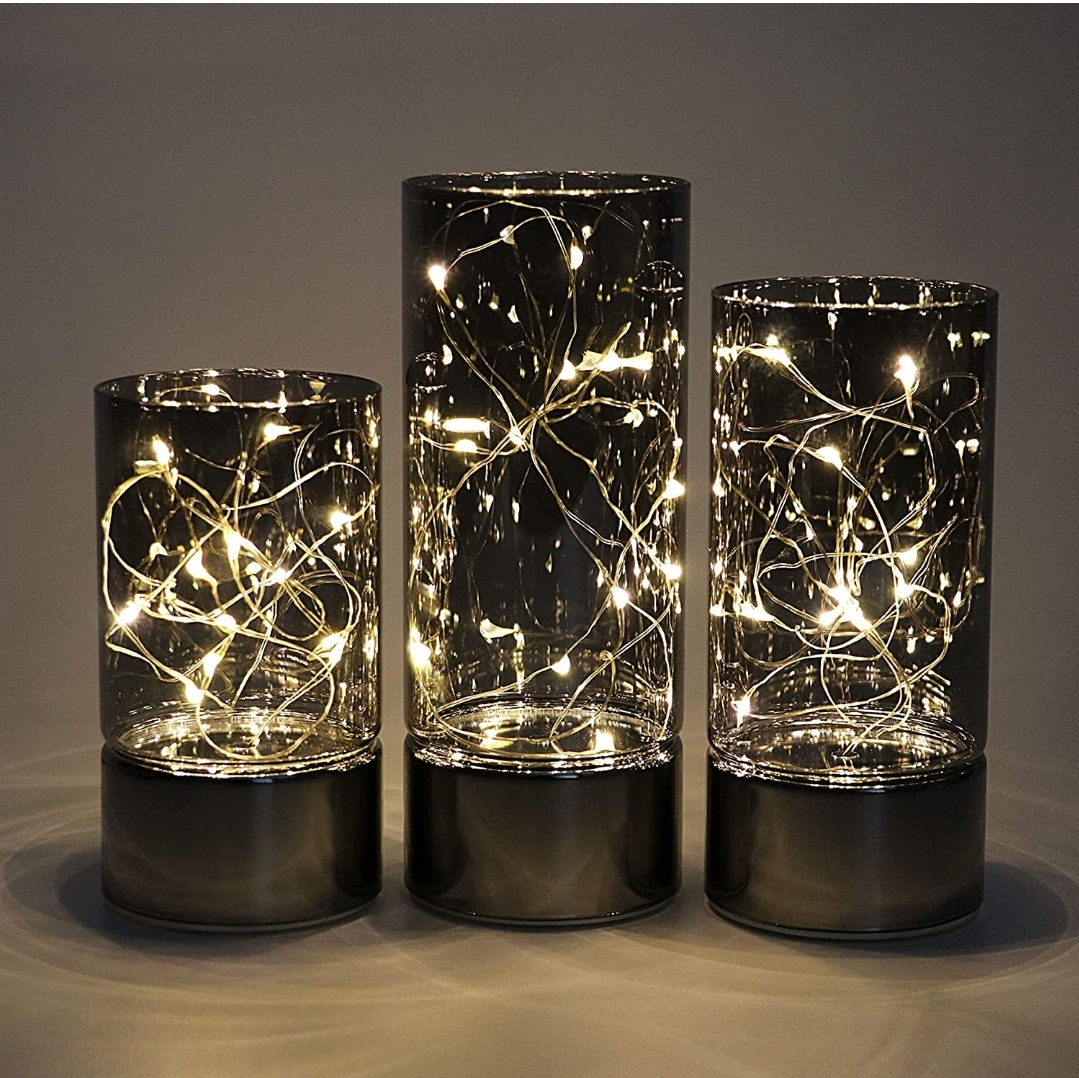 Set of 3, Quality, Elegant Glass Cylinder LED Table Lanterns, with Timers, by Rhytsing.