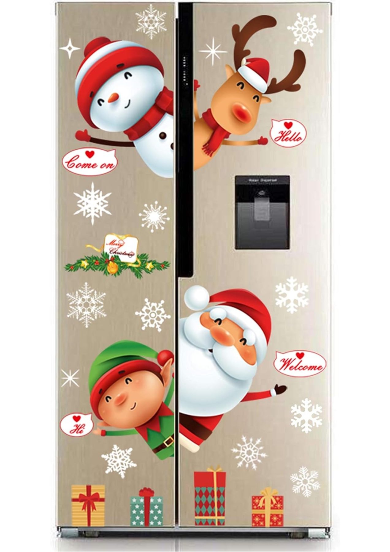 A Double-Sided Welcoming and Festive Santa, Elf, Reindeer and Snowflake Decals. (P2)