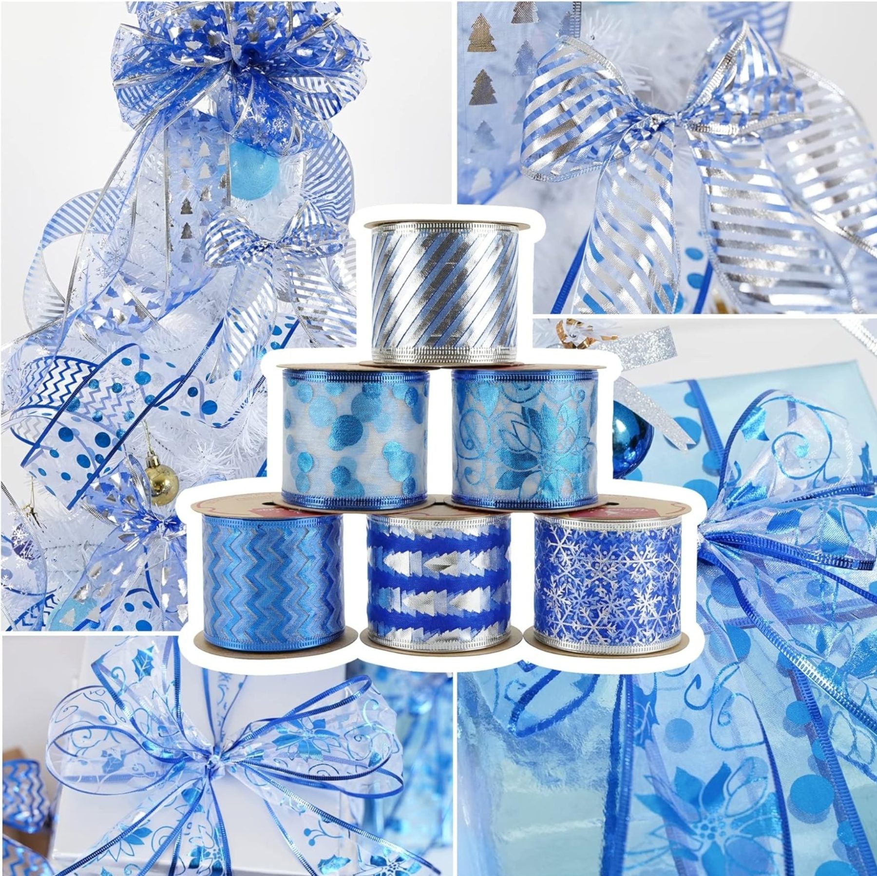 6 Rolls Quality Wired Edge Christmas Ribbon In Shades of Blue and Silver.