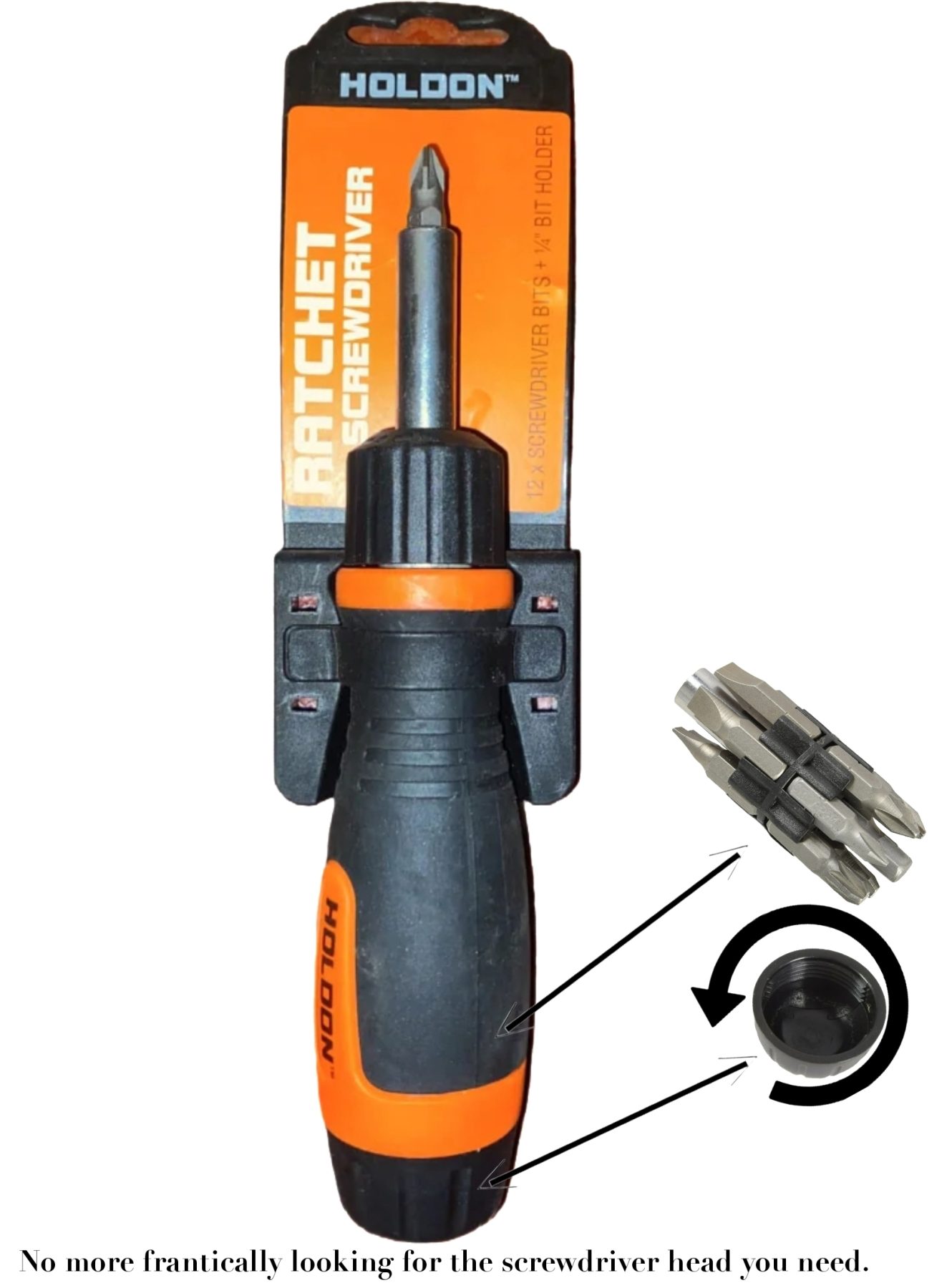 Holdon Offset Ratchet Screwdriver: Including 12 tough and durable bits attached to a bit holder stored inside the handle.