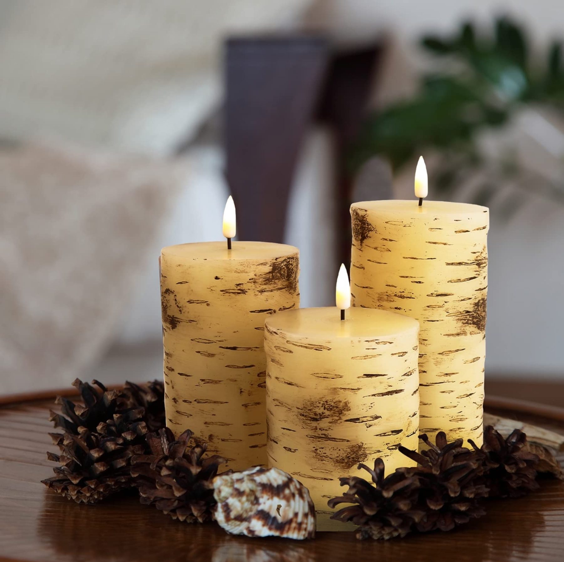 Eywamage Large Realistic Birch Bark Flameless Pillar Candles with Remote Control.