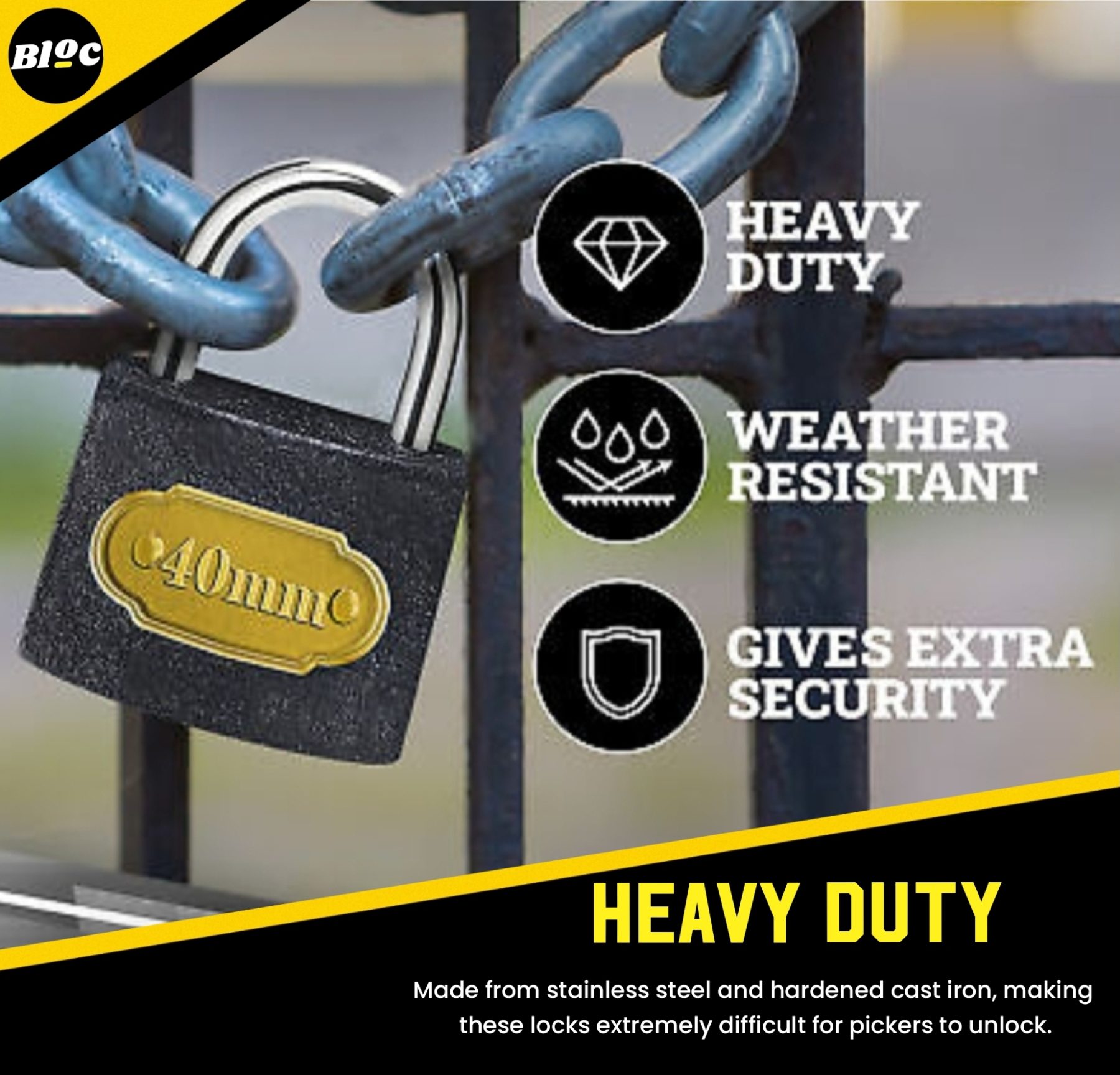 Heavy Duty 40mm Cast Iron & 5mm Hardened Stainless Steel Padlocks 2pk; Extremely Tough Weather Resistant Security Shackle Locks With 2 Keys Each.