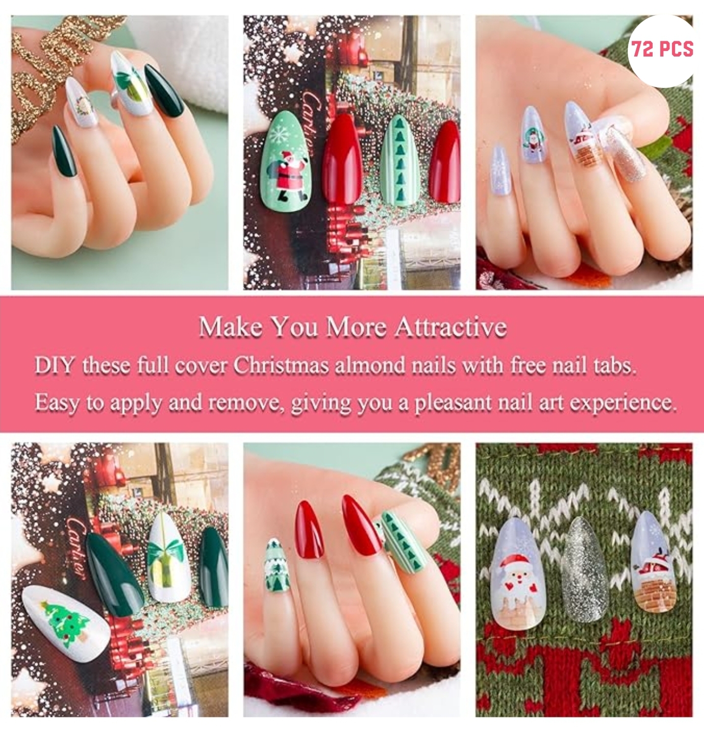 72pcs Christmas False Nails Snowflake Snowman Manicure Press on Santa Claus Nail Art Holiday Decoration Women Girls
