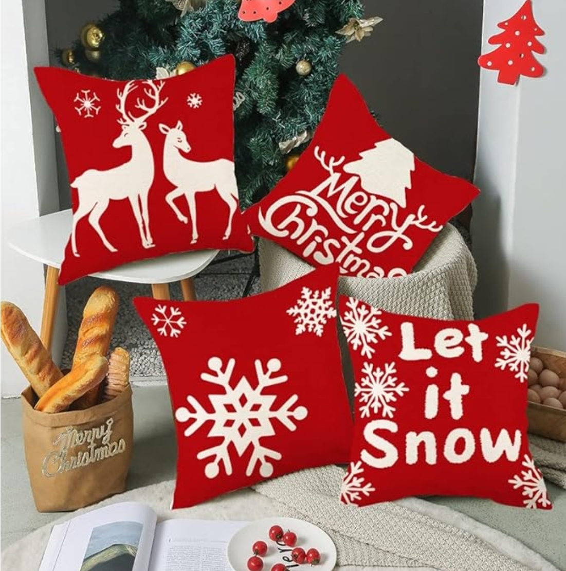 LAXEUYO Pack of 4 Quality Christmas Cushion Covers. Fun 18×18 Cotton and Linen Santa Claus elk Cartoon Covers