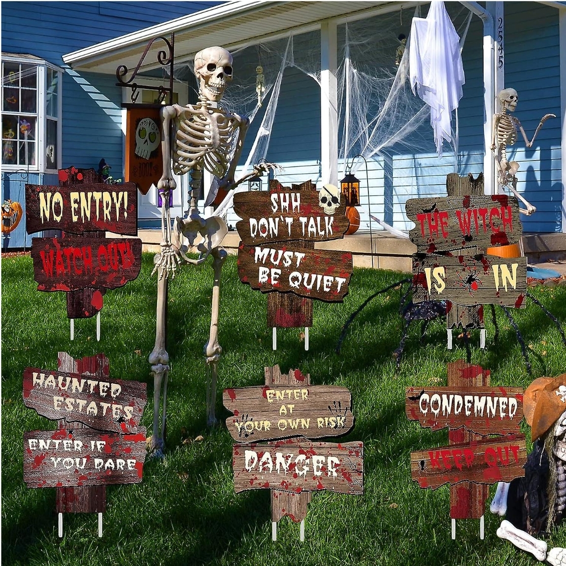 Halloween Warning Signs Decorations Stakes. Six Pack of Grey Coloured Beware Signs with Twelve Strong Wind Resistant Garden Stakes ⚠️ (Copy)