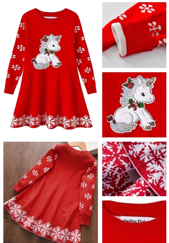 SMILING PINKER; Girls Christmas Knitted Unicorn Snowflake, Cosy and Warm Sweater Dress. RRP £39.00