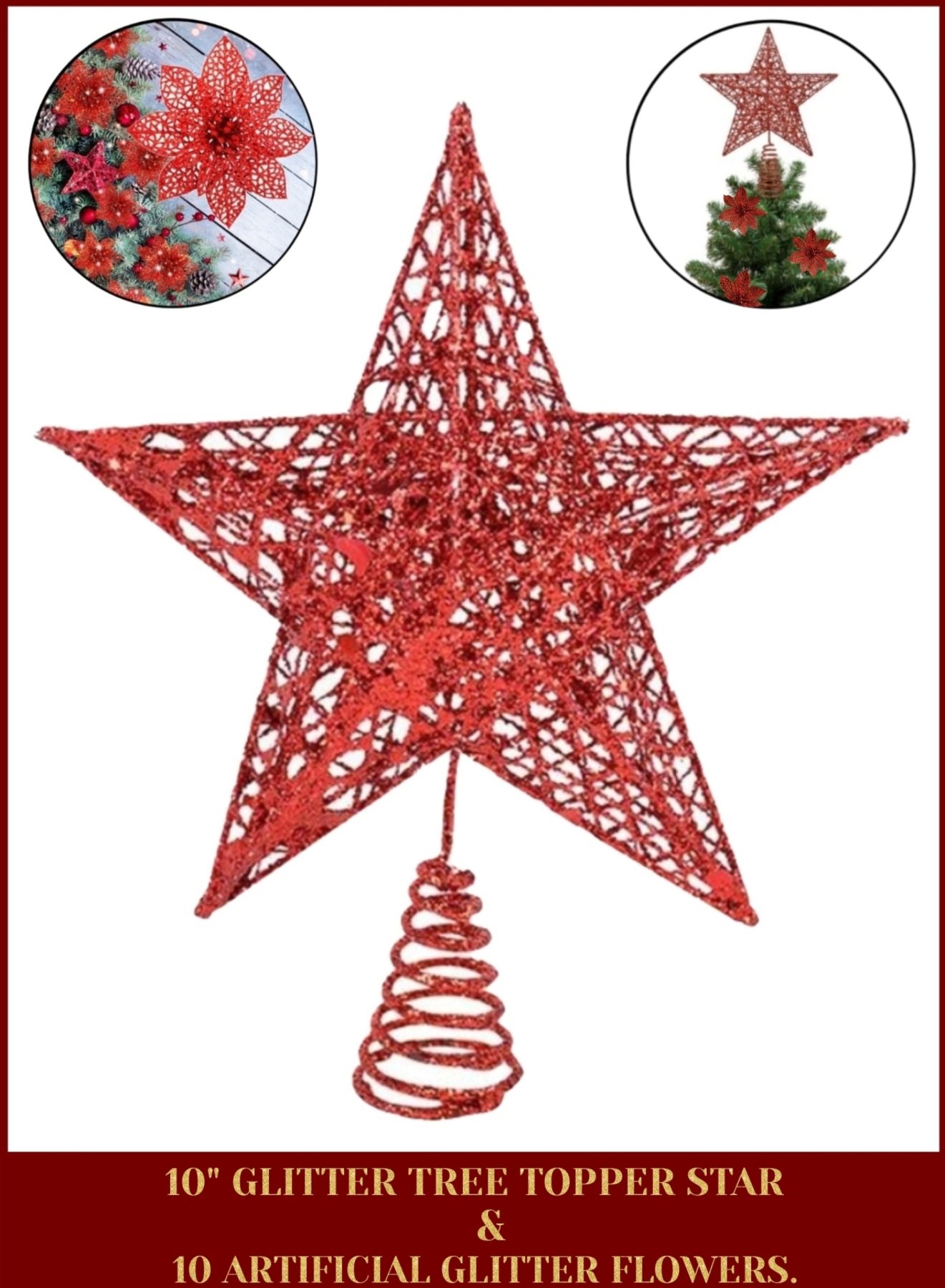 10inch Star Tree Topper + 10x 4inch Artificial Flowers In Warm Red Glitter