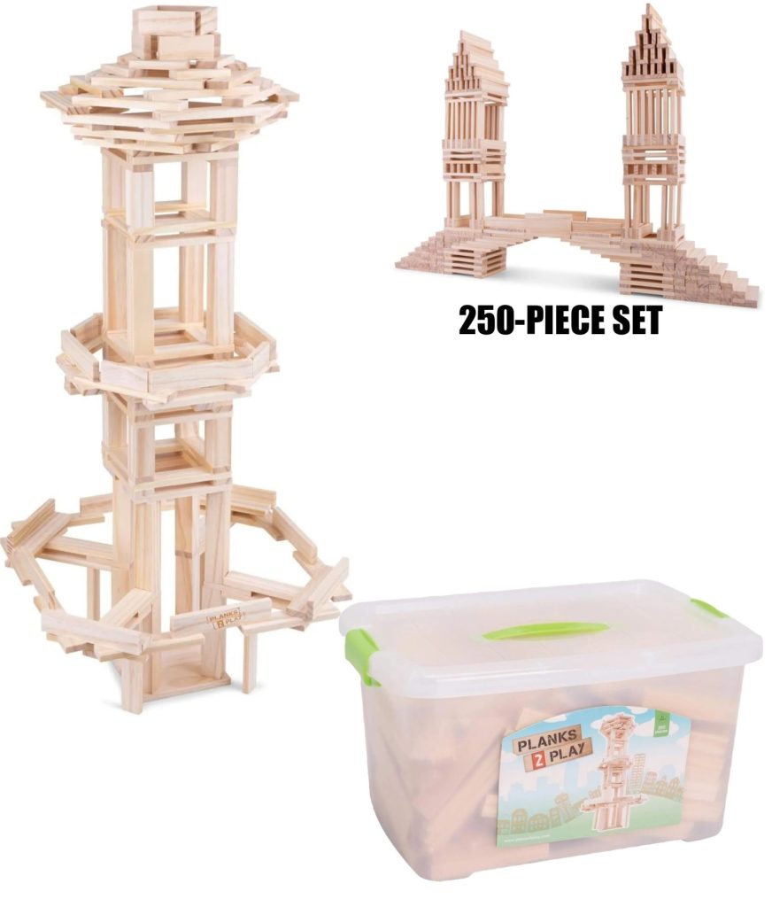 Planks2Play 250-Piece Wooden Building Set - Natural Mixed Box for Educational Creative Play